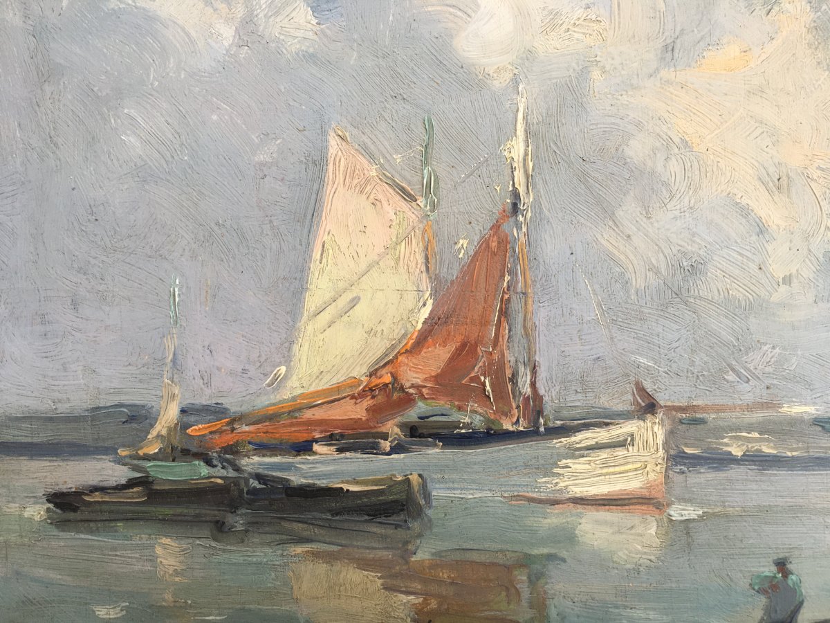 Henri Maurice Cahours, Tableau Marine, Paysage De Bretagne,  Bateaux De Pêche.-photo-2