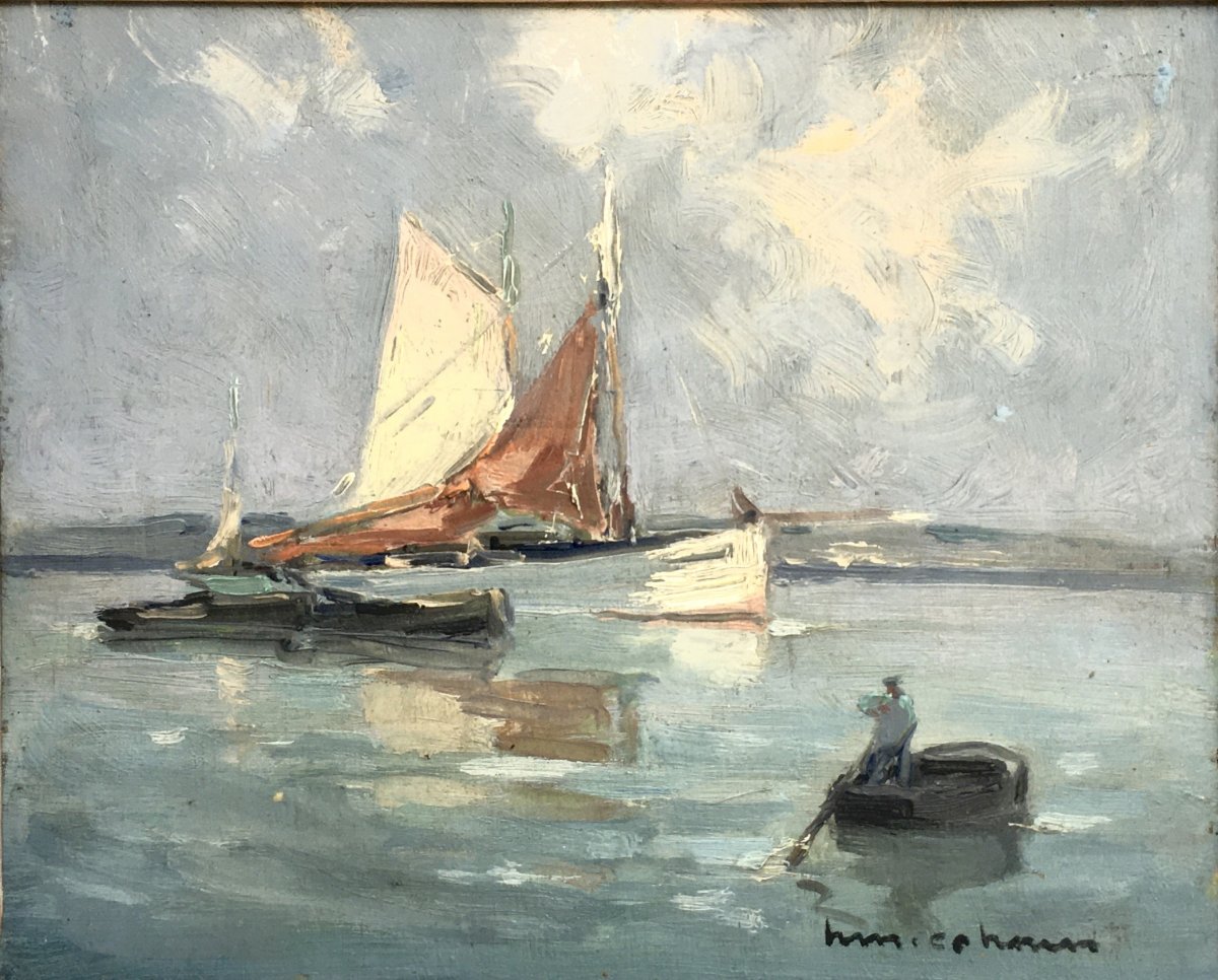 Henri Maurice Cahours, Tableau Marine, Paysage De Bretagne,  Bateaux De Pêche.-photo-4