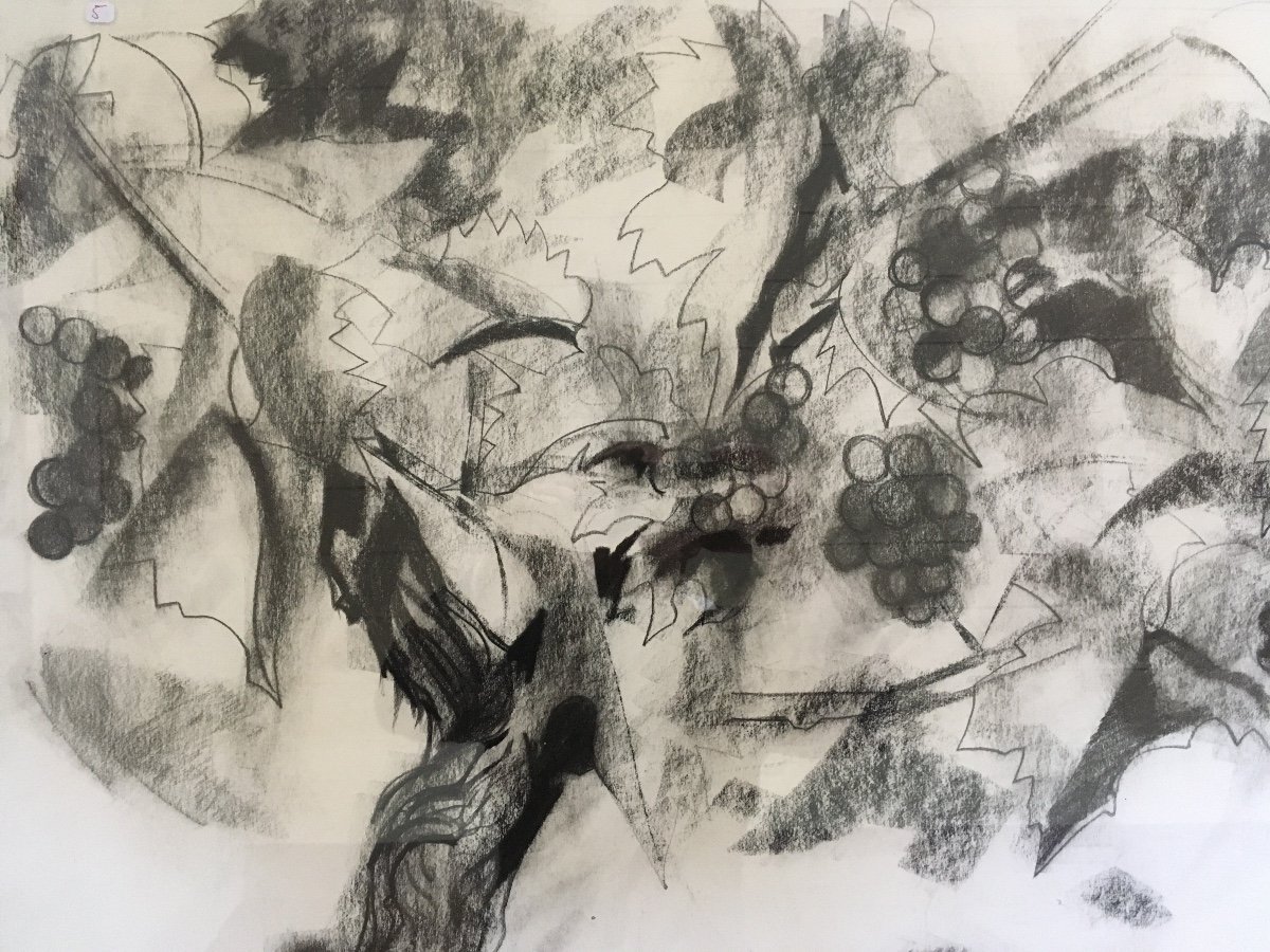 Pierre Théron. Dessin Original Vers 1960. La Vigne , Raisins, étude Sur Le Vin, Bordeaux-photo-2
