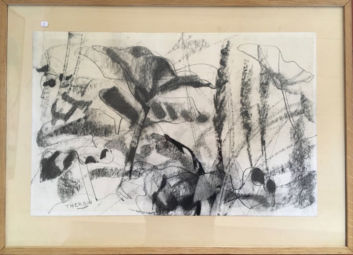 Pierre Theron. Original Drawing Around 1960. Study Of Flowers, Charcoal On Framed Paper (oak)