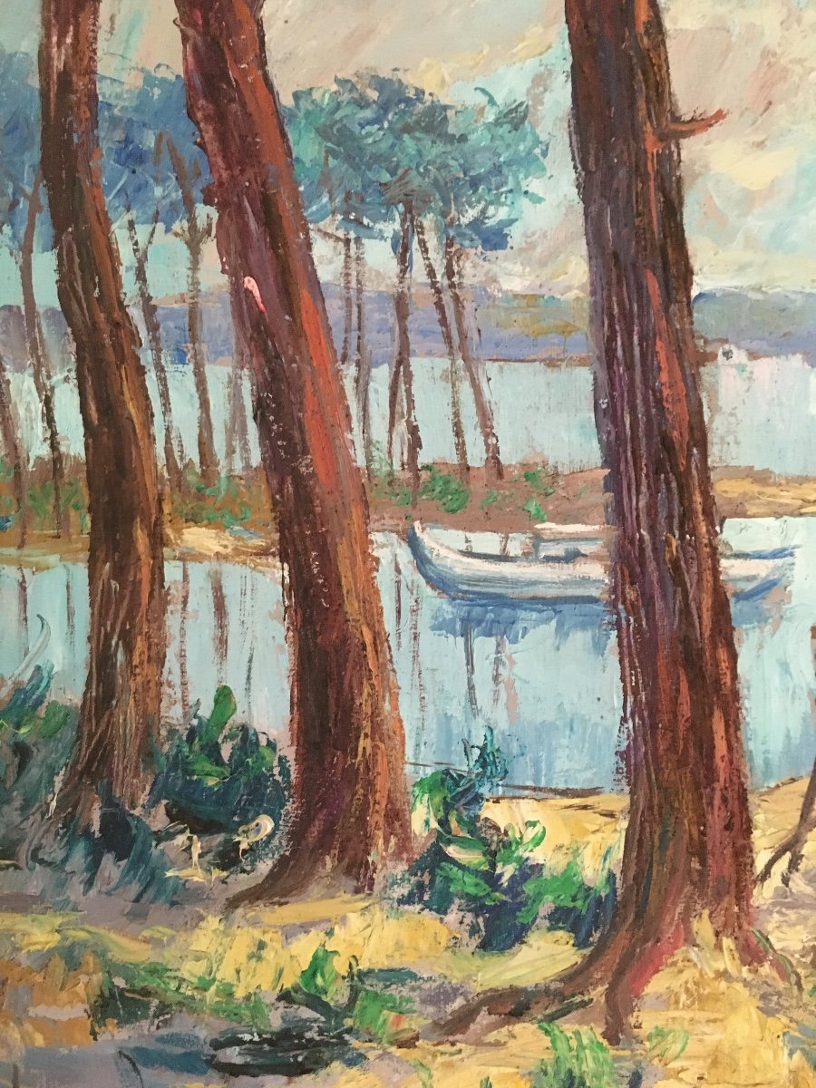 Important Oil On Panel, Landes Landscape, Lake, Around 1950 Signed "m. Bany"-photo-2