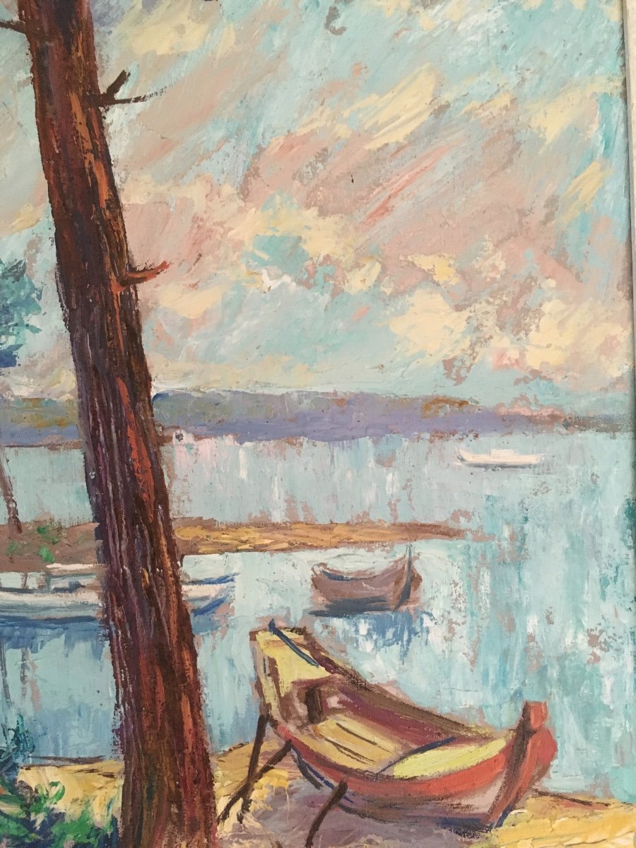 Important Oil On Panel, Landes Landscape, Lake, Around 1950 Signed "m. Bany"-photo-3