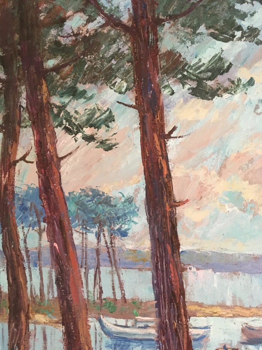 Important Oil On Panel, Landes Landscape, Lake, Around 1950 Signed "m. Bany"-photo-4