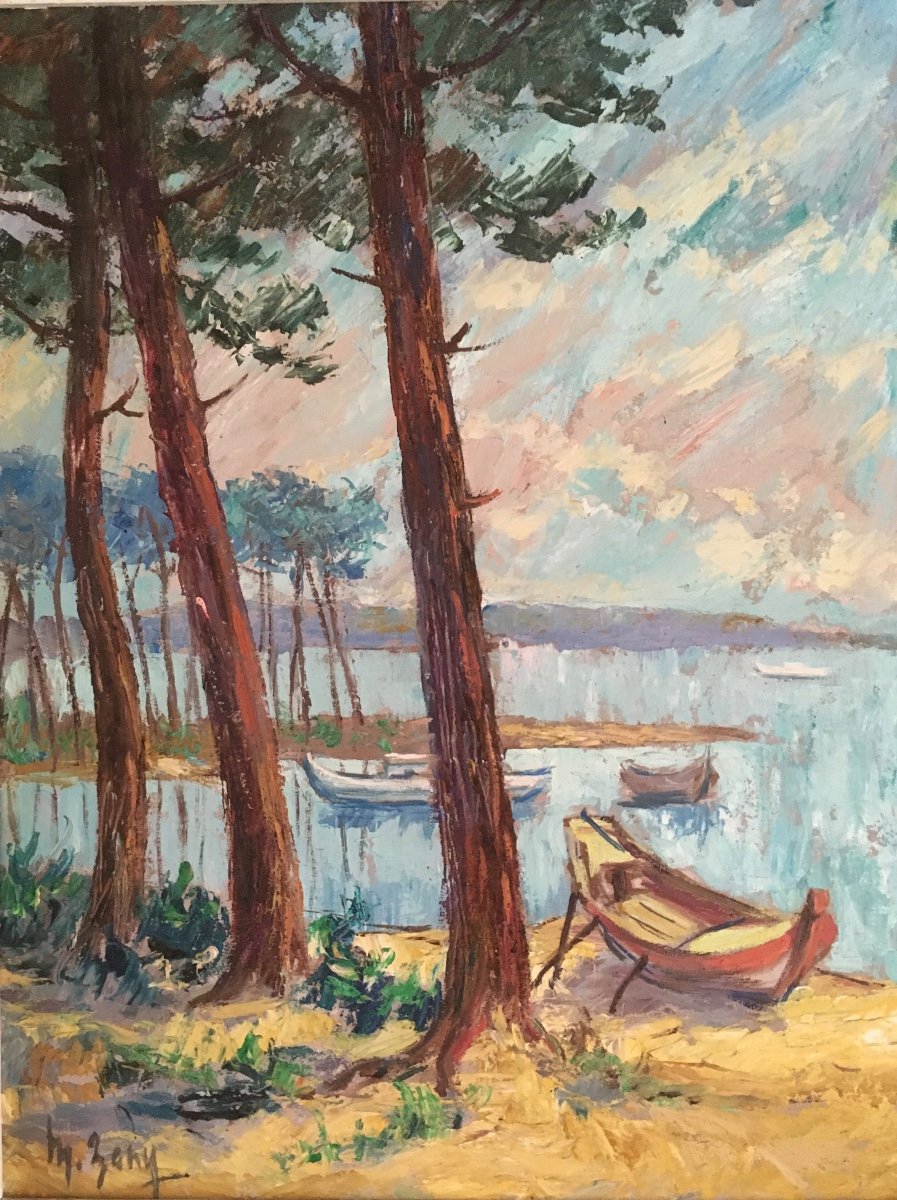 Important Oil On Panel, Landes Landscape, Lake, Around 1950 Signed "m. Bany"