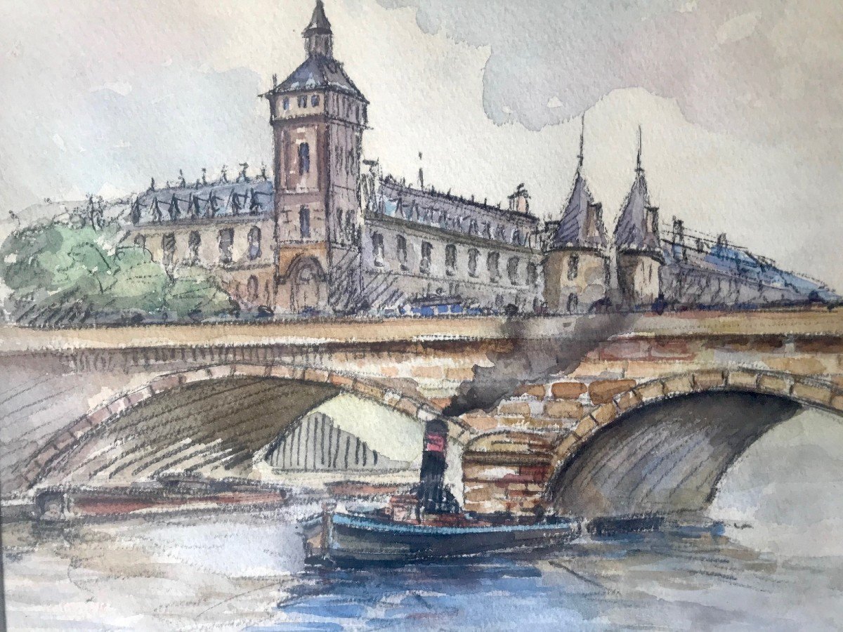 Frank Will (1900-1950) Aquarelle Réhaussée Quais De Seine à Paris Début XXème Siècle-photo-3