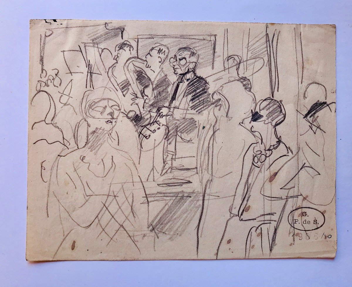 Georges De Sonneville Dessin Scène d'Intérieur, Crayon Sur Papier, Signé Et Estampillé 1906