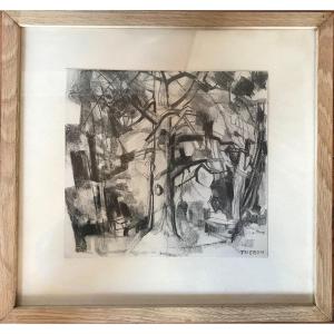 Lithographie Pierre Théron Forêt De Pins Cubisme Vers 1950 