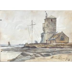 Philippe Long Watercolor Landscape Of Brittany Around 1900 Morbihan Finistère Sailors