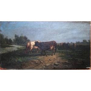 André Cortes Barbizon Scène De Vaches Vers 1870 Huile Sur Panneau 