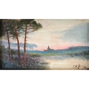 Landes Landscape. Oil On Strong Cardboard, Signed And Dated 1923. The Landes Forest, The Pines