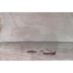  Aquarelle Sur Papier Paysage Atlantique Barques Sur Le Bassin Vers 1950
