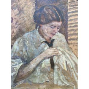 Clovis Cazes Portrait De Femme à La Coûture Huile Sur Toile Vers 1900