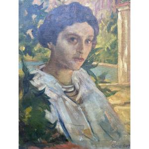 Clovis Cazes Portrait De Femme Au Jardin Huile Sur Toile Vers 1900