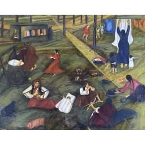 Paysage Animé Scène Populaire / Art Naïf Signé Matkulenska Paris 1932 Huile sur toile