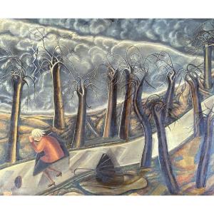 Paysage Scène Intriguante Personnage Décor Surréaliste signé Matkulenska 1953 Huile sur toile