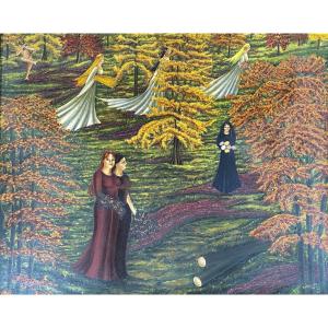 Scène Animée Allégorie de l'automne Composition Florale Matkulenska 1948 Huile sur toile