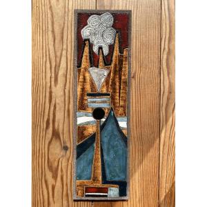 Plaque Pierre de Lave Décorative vers 1960 Bas-relief Émaillé (dans le goût Lurçat, Corriger)