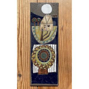 Plaque Pierre de Lave Décorative vers 1960 Bas-relief Émaillé (dans le goût Lurçat, Corriger)