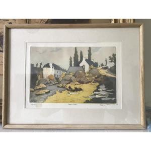 Pont Aven. Brittany, Etching Circa 1907 Signed Henri Meunier. Breton School. Japonisme.