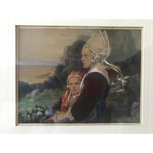 Ecole Bretonne Symboliste, Unsigned Watercolor Lithograph, Bretagne Edgard Maxence. 19th Century