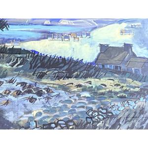 Landscape Scene In Brittany, Circa 1970, Gouache Signed By Roger Kérinec (1917–2001)