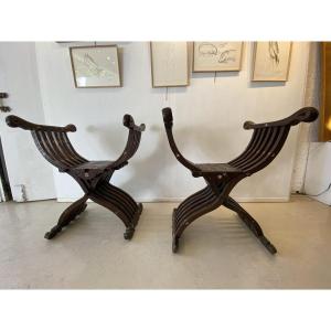 19th-century Syrian Curule Chairs: Ornate Walnut With Mother-of-pearl Inlays