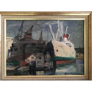Le port de Bordeaux, huile sur panneau. Denise Bonvallet Philippon. 1980. Lucien Simon.