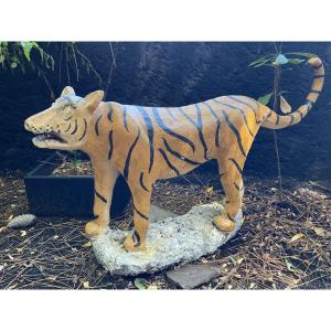 Alfonso Calleja, "tiger" Animal Sculpture, 1970s, Concrete / Cement, Polychrome, Art Brut
