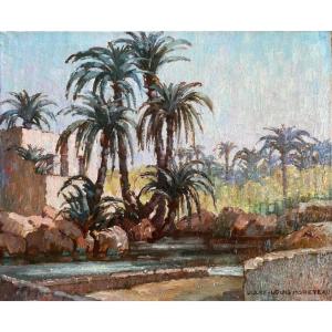 Jules-louis Moreteau, "the Watering Hole In Autumn," Marrakech, Morocco, 1930, Oil On Canvas, Landscape
