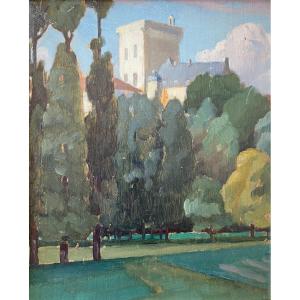 Jules-louis Moréteau, *mediterranean Landscape*, C. 1920, Oil On Panel