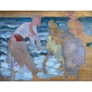 Jules-louis Moreteau, "moors By The Sea," Mogador, Morocco, 1929, Oil On Canvas, Landscape