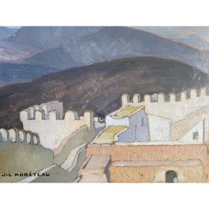 Jules-louis Moréteau, "ramparts Of The Kasbah," Agadir, Morocco, 1927, Oil On Panel, Landscape