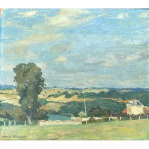 Willem Van Hasselt, Western France Landscape, "view Of Saint Corentin," Oil On Cardboard, Ca. 1930