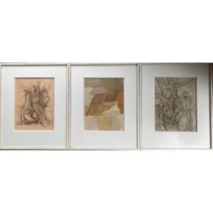 D. Martens, Ink On Paper, Triptych, Circa 1980, Abstract/botanical Motifs, Design.