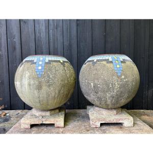Pair Of Art Deco Cement And Mosaic Bowls / Planters, Circa 1930, Mallet-stevens (bases)