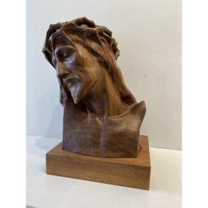 Portrait Of Christ, A Walnut Sculpture (carved Directly From The Block) Signed By Sosson (louis Sosson), Circa 1930.