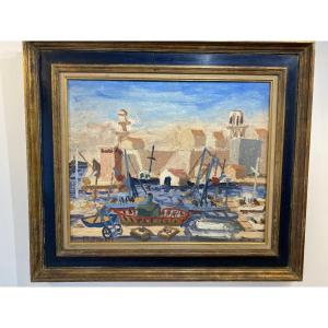 Pierre Trofimoff. Huile sur toile, Marine, Port animé, Méditéranée. Provence. Sud de la France