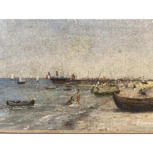 Scène de plage à Arcachon, jetée Thiers, huile sur toile ver 1880, personnages, pinasses,