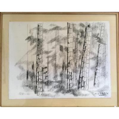 Pierre Theron. Original Drawing Around 1960. The Pines On The Arcachon Basin, Landes De Gascogne