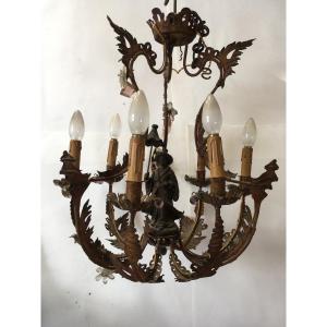 Polychrome Sheet Metal Chandelier, Chinese Bronze Umbrella, Venice Italy XIXth Century.