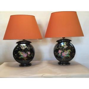 Pairs Of Earthenware Lamps, XIXth, Flower Patterns, Gilding, Japanese. Slip