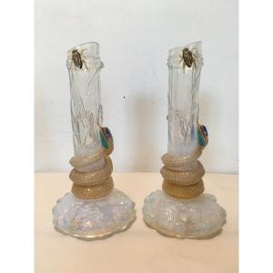 Pair Of Crystal Soliflore Vases Signed Baccarat, France XIXth Century, Japanese Style.