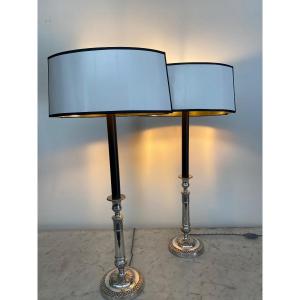 Paire De Bougeoirs En Métal Argenté Montés En Lampes 