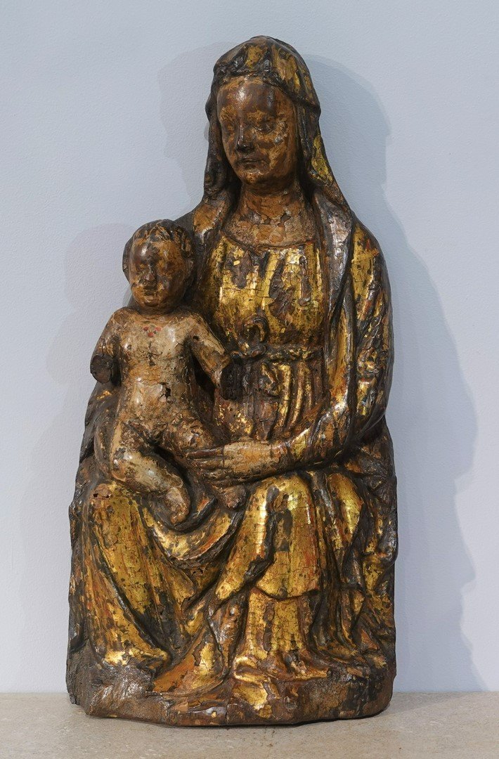 Vierge à l'Enfant en Majesté en bois polychrome d'époque XV°