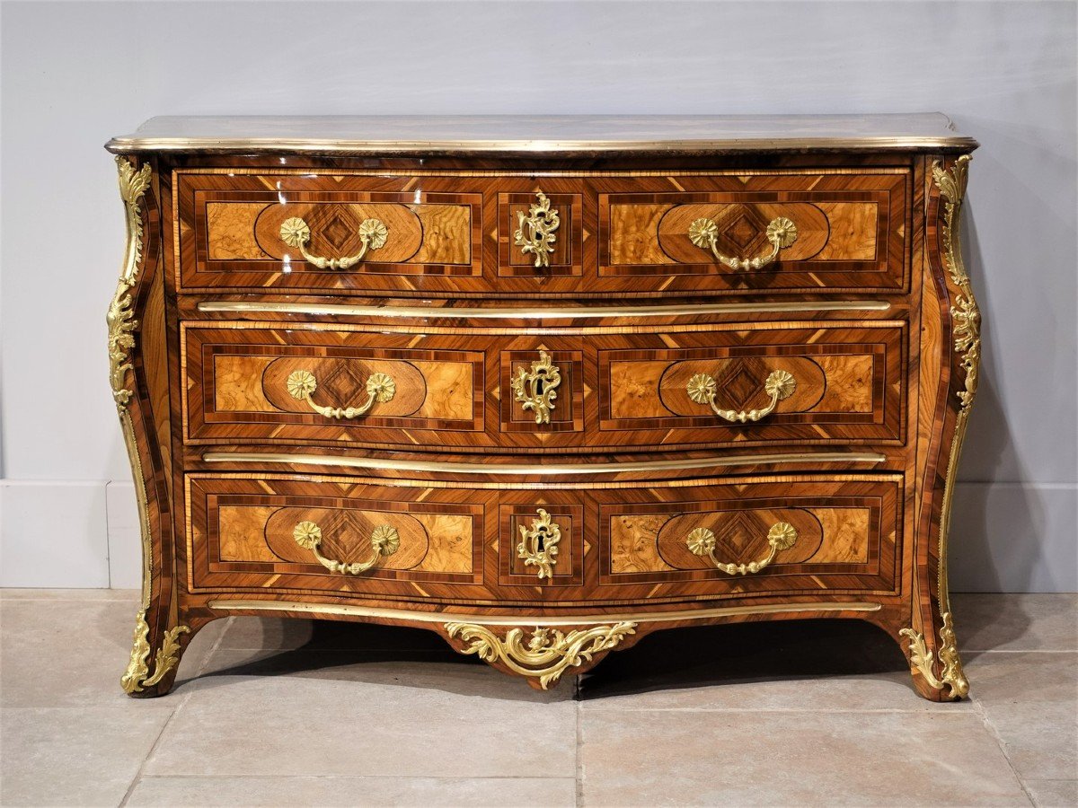 Rare ''heart'' Chest Of Drawers Inlaid With Native Woods From The Regency Period-photo-4