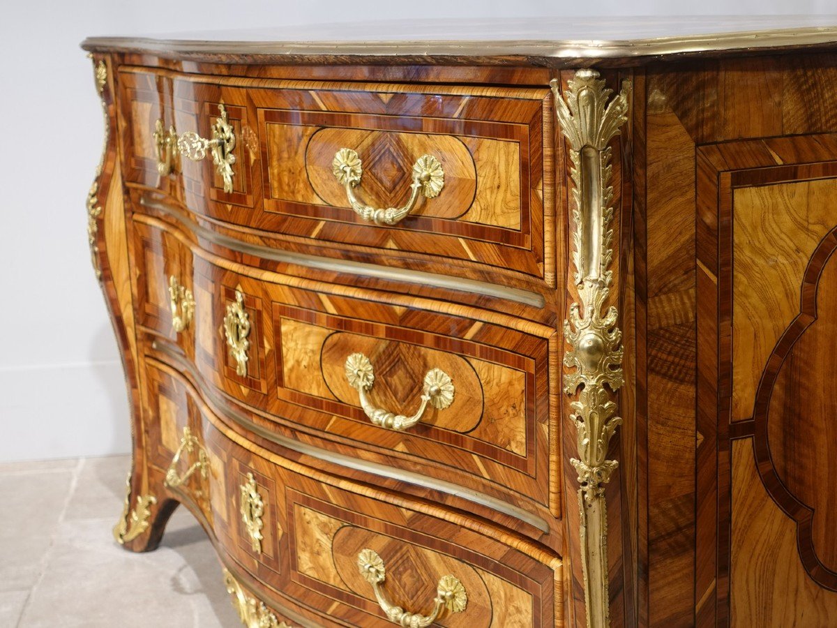 Rare ''heart'' Chest Of Drawers Inlaid With Native Woods From The Regency Period-photo-5