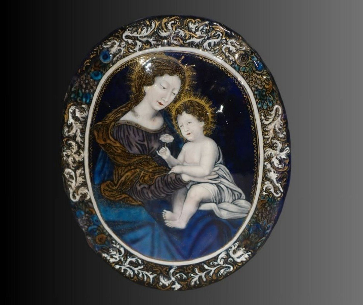 Virgin And Child - Limoges Enamel Signed Nouailher Jeune Late 17th Century