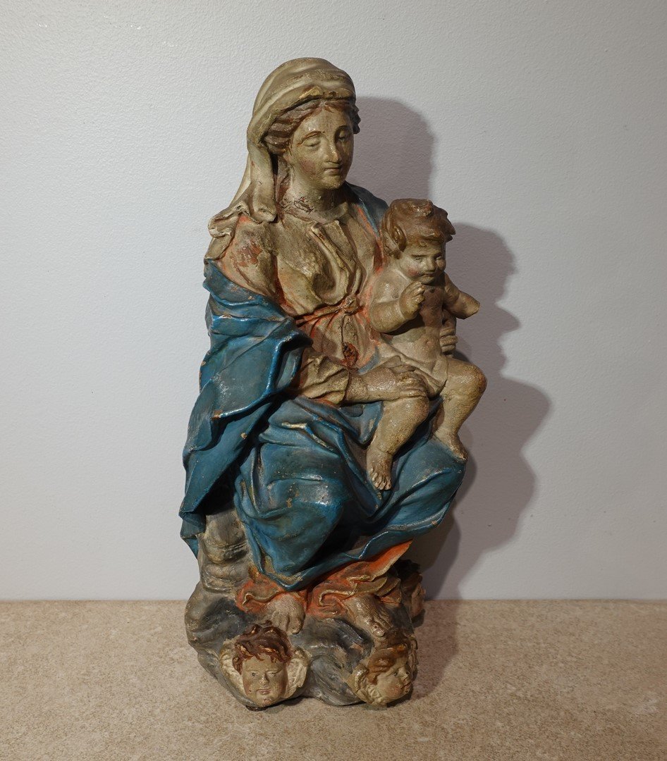 Sculpture de la Vierge à l'Enfant en terre cuite d'époque XVIII°-photo-3