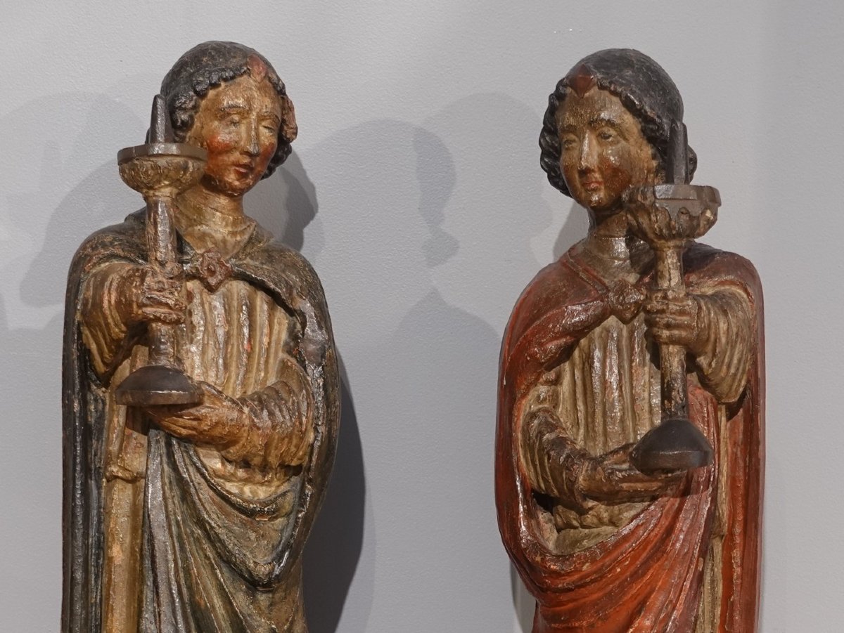 Sculpture paire d'anges céroféraires polychromes – circa 1500-photo-4