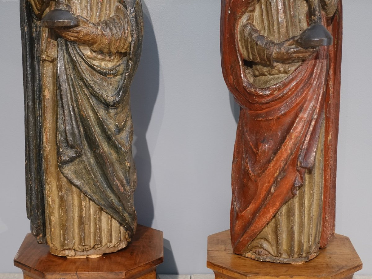 Sculpture paire d'anges céroféraires polychromes – circa 1500-photo-1